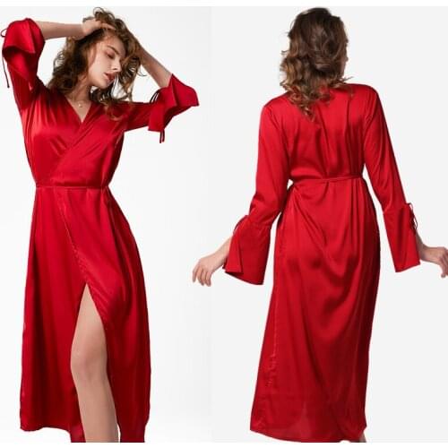 Lady Sweet Bow Trim Kimono Robe Gown Burgundy Long Bridal Wedding Bathrobe Sexy V-Neck Nightdress Spring Autumn Casual Sleepwear