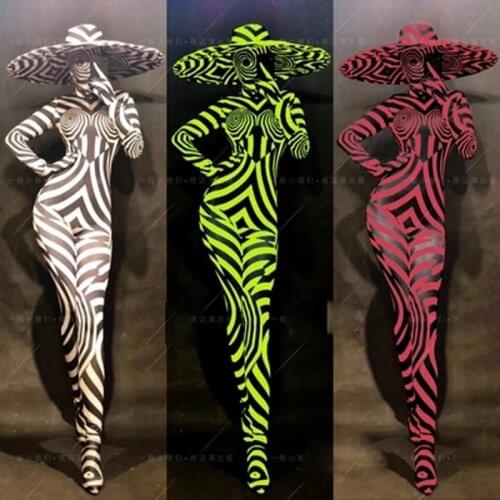 Sexy zebra costumes big hats green red black jumpsuits night club party cosplay costume performance stage tv show dance wear