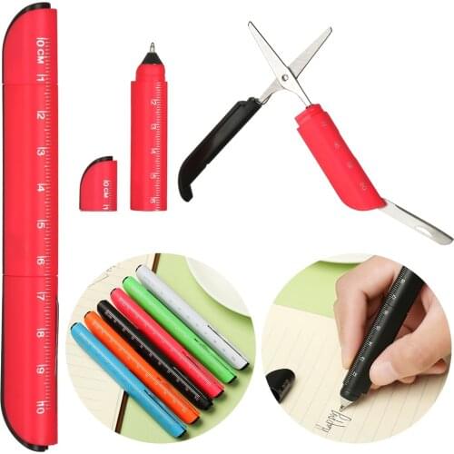 Creative Multifunction Ballpoint Pen with Folding Scissors Knife Scale Ruler Candy Color Office School Stationery Writing Pens