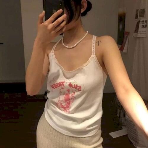Tank top women lace shoulder strap camisole white print soft girl summer vest woman niche clothes Harajuku kawaii y2k bottom top