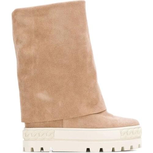 Fashion Woman Designer Hidden Inner Wedge Suede Boots Woman Thick Platform Knee Boots Folded Leather Slip on Boots Real Photos