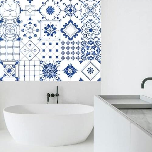 Mediterranean Blue and white Tile Wall Stickers,Adhesive Tile Decal for Kitchen Decoration DIY Waterproof PVC wallpapers