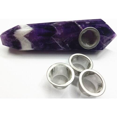 Natural dream amethyst crystal smoke pipe with three metal mesh for tobacc