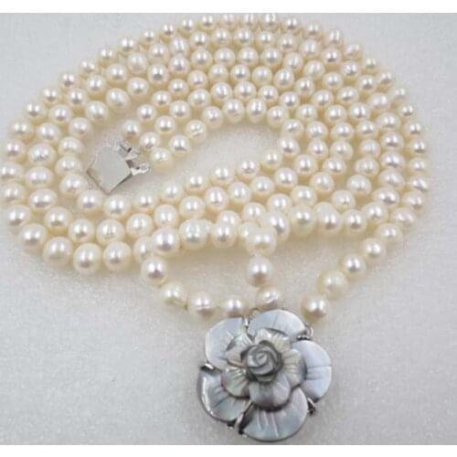3 row 8mm White potato round freshwater pearl necklace