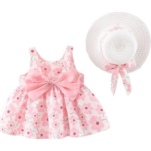 Flowers Big Back Bow Baby Girls Dress Summer Clothes For Kids Cotton Sleeveless Outfit With Hat