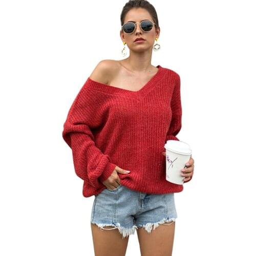 Female autumn long sleeved loose sweaters sexy v-neck off shoulder knitted pullovers for office ladies elegant tops clothes