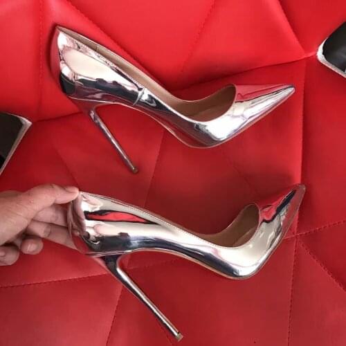 Spring Ladies Shiny Mirror Leather Stiletto Pumps Ladies Pointed Toe Female Bling Slip on High Heels Party Club Shoes for women