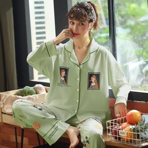 Women Pyjamas 100% Cotton Long Sleeves Pajama Sets knitted Pijama Plus Size Lingerie Women Night Sleepwear Clothes Pyjamas Suit