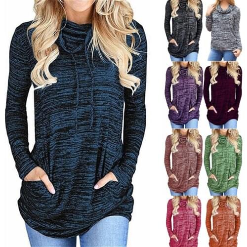 Women Loose Sweatshirts Tees Autumn Winter Scarf Collar Long Sleeve Pockets T-shirt Tops Female Casual Streetwear Outwear 2021