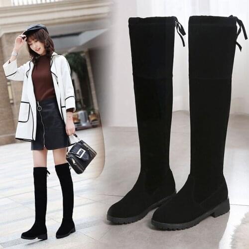 2019 Autumn And Winter New Suede Long Tube Over The Knee Boots Round Head With The Ladies Lace Elastic Boots Wild College Wind