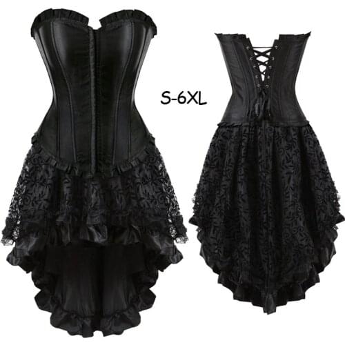 Womens Halloween Party Bustiers and Corsets Masquerade Gothic Lace Gothic Corset Dress Showgirl Cancan Costume Skirt Set