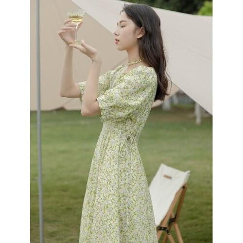 Xiaoqingxinsen Chiffon Floral Dress 2021 Summer New First Love Skirt Yellow Long Dress With Waist Closing And Lace Up