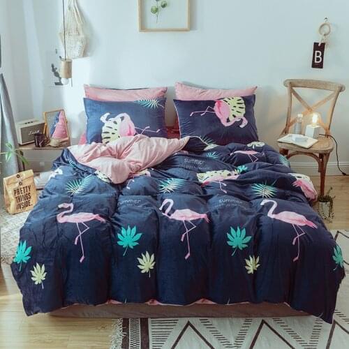 Winter Thickened Coral Velvet Bedding set Luxury Flamingo Bird Printing Crystal Velvet Fabric Duvet cover Bed sheet Bedclothes