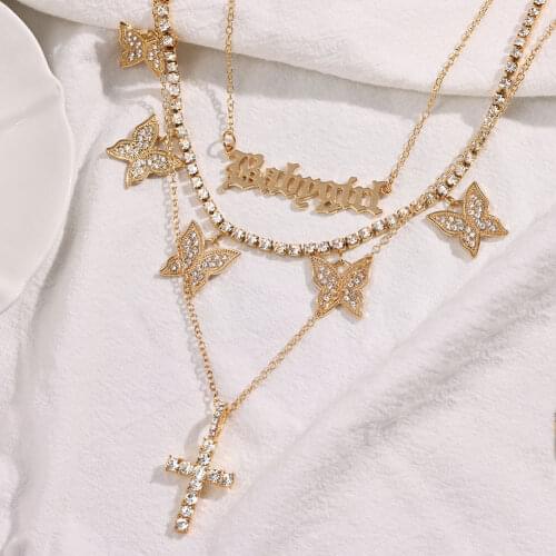 2021 New Multilayer Rhinestone Butterfly Necklace Jewelry Crystal Cross Babygirl Letter Pendant Long Chain Choker Boho Jewellery
