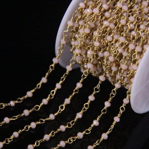 5Meters,Flesh Color Glass Gems Rosary Chain,2x3mm Faceted Rondelle Link Brass Wire Wrapped Chain,Charms Women Bracelet Crafts