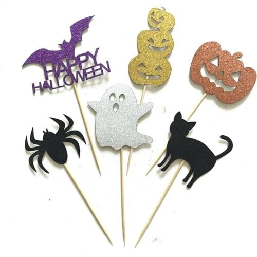 6PCS Halloween Horror Cupcake Toppers Pumpkin Ghost Bat Cat Spider Cake Inserted Card for Birthday Party Kids Cake Decoration