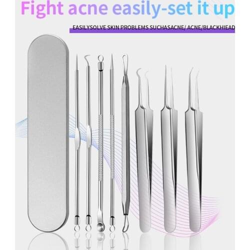 8pcs Blackhead Acne Remover Tool Kit Facial Double Comedones Acne Needle Clip Pimple Tweezer Blemish Extractor Set Skin Tools