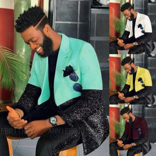 Jacket+Pants) Handsome Shiny Patchwork Double Breasted Peak Lapel Beach Wedding Man Suit 2 Piece Formal Man Blazer Custom Made