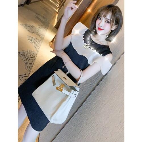 Round collar stitching lotus leaf sleeveless shift dress lace beading amoi