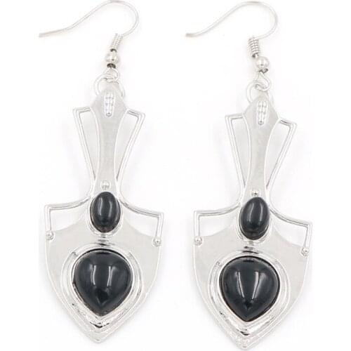 FYJS Unique Jewelry Silver Plated Anchor Shape Black Agates Dangle Earrings For Anniversary Gift