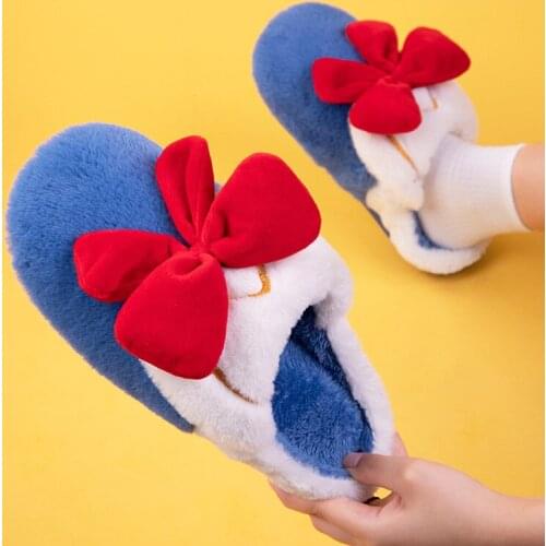 Bow Tie Cotton Slippers Womens Winter Home Indoor Slipper Color Contrast Lovely Plush Slippers Girl Style Fashion Warm