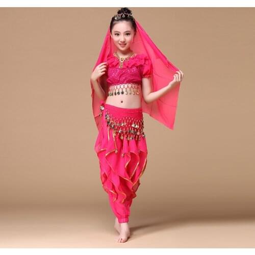 2018 Sari Children Indian Dance 4-piece Costume Set (Top, Belt, Pants and Head Pieces) Bollywood Dance Costumes for Girls