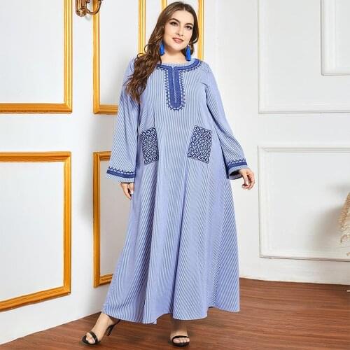Fridayin Boho Fashion Casual Loose Stripe Resort Blue Embroidered Plus Size Maxi Dress For Women Elegant O-Neck Vestidos