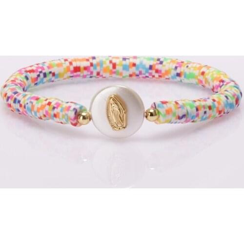 Fashion Simple Style White Shell Pearl CZ Paved Cross Blessing Virgin Mary Charm Mix Clay Silicone Plastic Beaded Women Bracelet