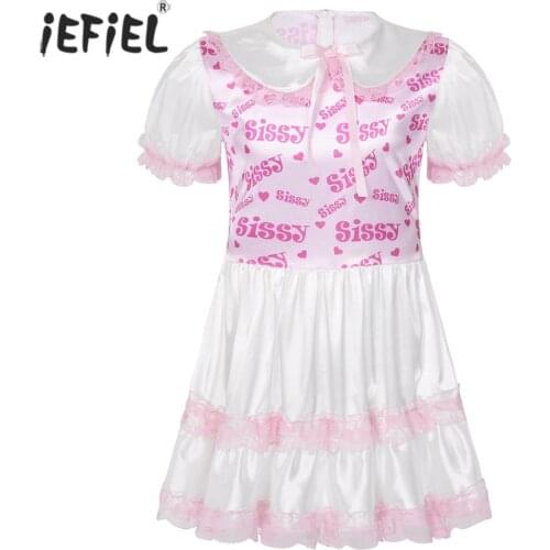 Men Sissy Maid Dress Cosplay Costume Letter Print Silky Satin Short Puff Sleeves Maid Dress Bodice Lace Trimmed Ruffled Dress