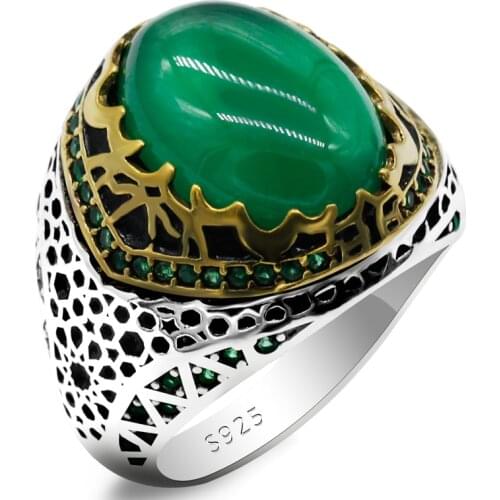 New Sterling Silver Vintage Classic Agate Stone Ring Mens Gift Wedding Ring Unisex Ring S925 Sterling Silver Green Agate