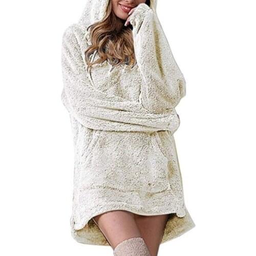 Autumn And Winter WomenS Fashion Plush Plus Size Hooded Pocket Sweater Long Sleeve Women Casual New Solid Color Loose Top