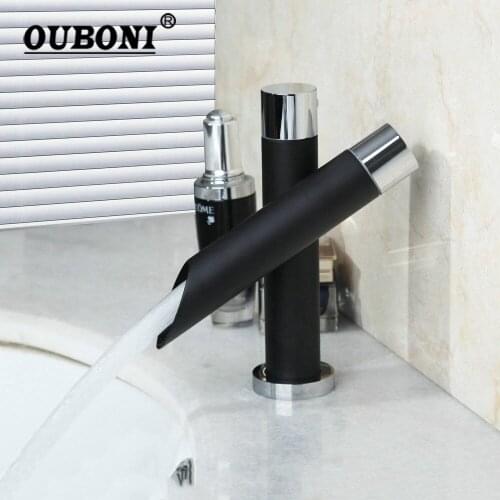 OUBONI Matte Black Bathroom Faucet Deck Mounted Stainless Steel Basin Sink Mixer Tap Hot & Cold Mixer Faucet Stream Water Taps