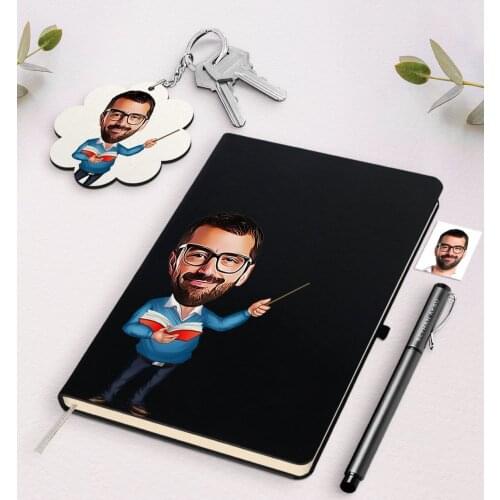 Personalized Men 'S Teacher Caricature Of Black Notebook Pen And Keychain Gift set-4