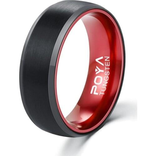 POYA TUNGSTEN Ring 8mm Mens Black and Red Wedding Band Anodized Aluminum Liner Comfort Fit