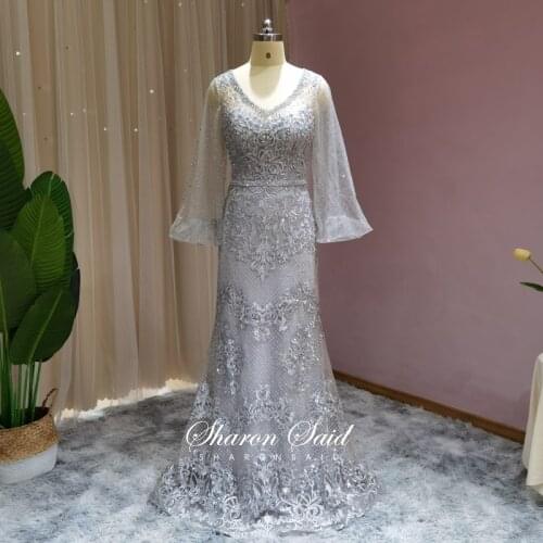 Luxury Crystal Silver Grey Mermaid Evening Dresses Long Sleeve Plus Size Women Formal Dress for Wedding Guest Party Gowns Mother