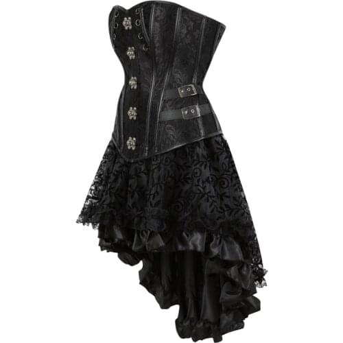 Sapubonva Steampunk Corset Dress Burlesque Party Masquerade Gothic Victorian Lace Leather Bustier Overbust Corset Skirt Sets