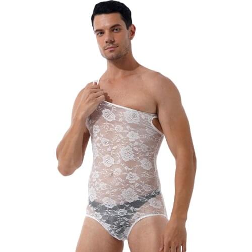 Sexy Mens Sheer Lace Flower Pattern Lingerie Bodysuit Skinny See Through Round Neck Clubwear Sleeveless Leotard Jumpsuits