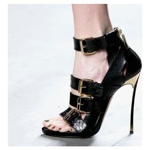 Sexy Gold Metal Blade Heels Women Sandals Black Green Snake Print Leather Strap Buckle Gladiator Shoes Women Cut-out Boots