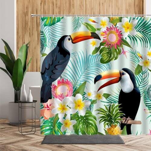Toucan Shower Curtain Tropical Plants Leaves Flowers Bird Background Bathroom Waterproof Bath Curtain Polyester Fabric With Hook