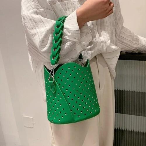 Vintage Hollow Out Crossbody Bags For Women 2021 Summer PU Leather Trend Designer Shoulder Handbags Woven Handle Bucket Bag