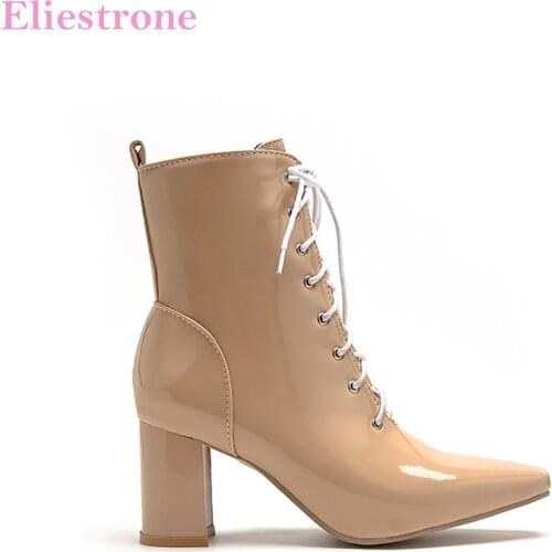 Brand New Comfortable Apricot White Women Ankle Dress Boots High Square Heels Lady Shoes LM293 Plus Big Size 11 43 45 47