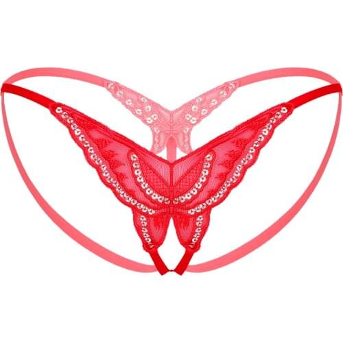 Womens Sequined Butterfly Briefs Sexy Lingerie Lace Crotchless Underpants Low Waist Open Butt Thongs Breathable Soft Underwear