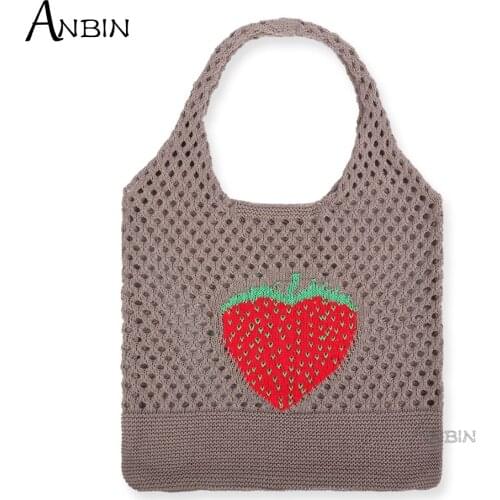 Womens Knitting Wool Strawberry Hollow Out Shoulder Bags Versatile Large Capacity Crochet Woolen Shopper Female Daily Handbag