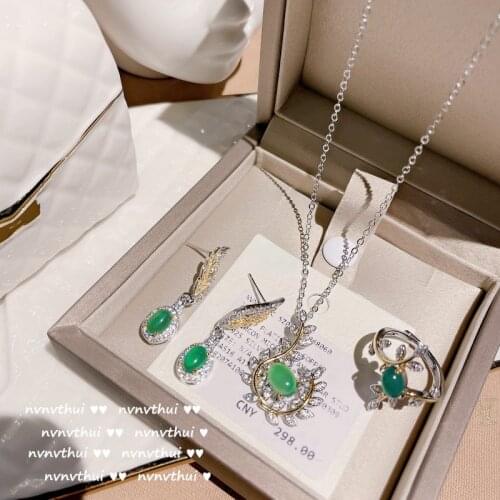 Female 925 Silver Jade Crystal Jewelry Set Vintage Malachite Green Chalcedony Earrings Necklace Ring Banquet Party Fine Jewelry
