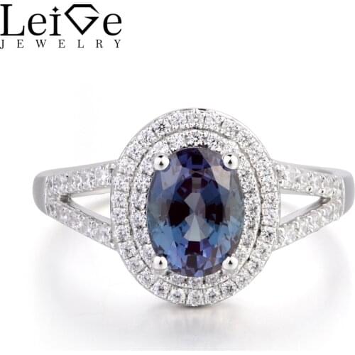 Leige Jewelry June Birthstone Lab Alexandrite Wedding Ring Halo Ring Oval Cut Color Changing Gemstone 925 Sterling Silver Gifts