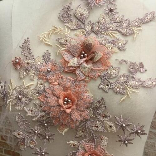 2pieces/lot 3D wine Embroidered Fabric Rose Flower Lace Sewing Applique Lace motif Neckline Collar pearl Applique Accessories