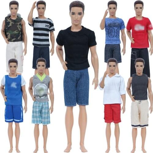 Random Handmade 3 Sets Mens Outfit for Barbie Doll Friend Ken Summer Casual Wear Shirt Short Pants Doll Clothes Accessories Toy
