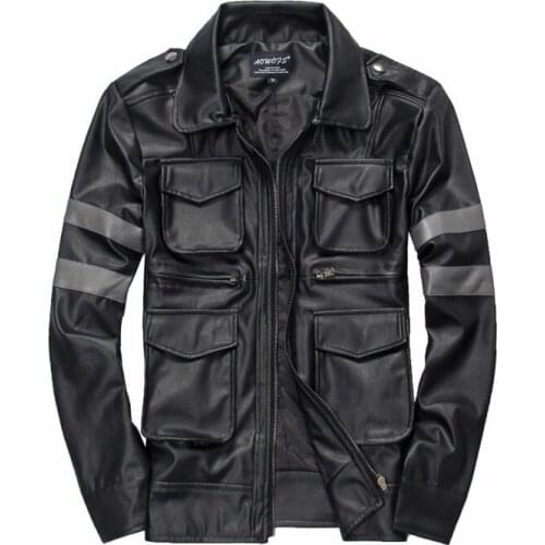 Free Shipping Men Leather Jackets Top Quality PU Handsome Multi-pocket Motorcycle Leather Jackets Black Turn-down Collar Short