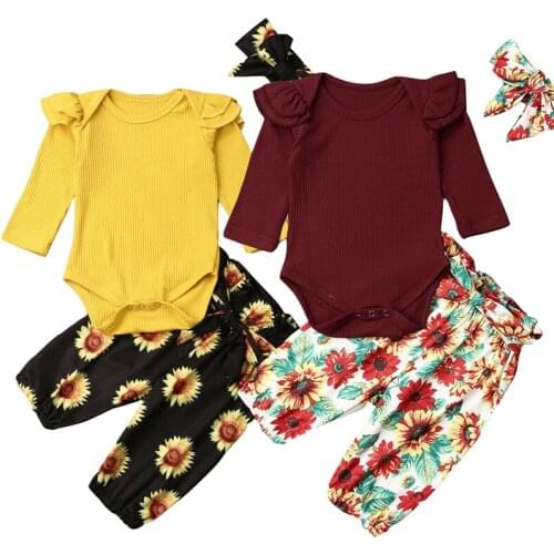 Autumn Winter Infant Baby Girls Kid Long Sleeve Ruffle Romper Bodysuit Cotton Tops Sunflower Pants Outfit Clothes 0-18M