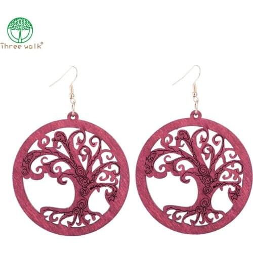 1 Pair Good Quality Woman Wood Earrings Organic Round Life Tree Hollow African Wooden Brincos Charm